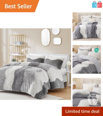 Cozy All-Season Faux Fur Comforter Set with Ombre Waves and Matching Shams-image