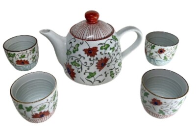 Tea Set Pier 1 Hand-Painted Porcelain Red Floral Design Teapot & 4 Cups-image