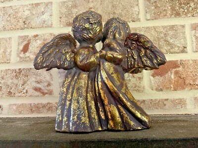 Raz imports Kissing Angel 3D candle holder figurine gold gilt 8” rustic decor-image