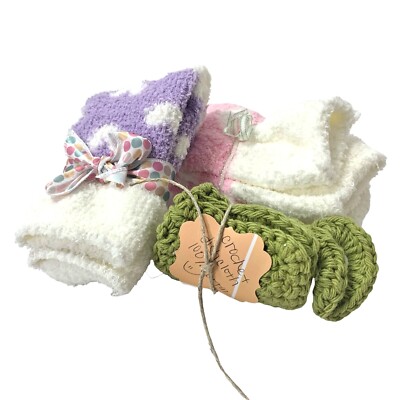 2 Sets Women's Soft & Fuzzy Crew Socks Homemade Crochet Dish Cloth Gift Set-image