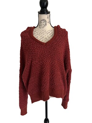 POL Chenille Sweater Rust V-neck Long Sleeve Oversized Hoodie Medium Soft Cozy-image