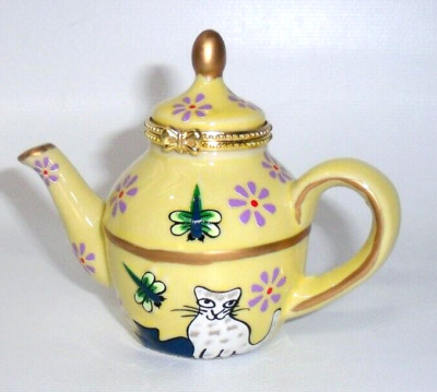 Pier 1 Imports Cats & Dragonflies Teapot Trinket Box Yellow Blue Green Gold, New-image