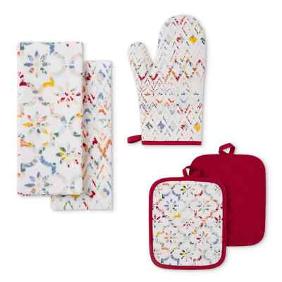 Ogee Tile Kitchen Towels Potholders Oven Mitt 5-Pc Reverses to Red Loops Gift-image