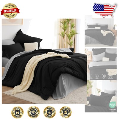 Contemporary 7-Piece Full Bedding Set: Black & Grey Comforter for -Round Use-image