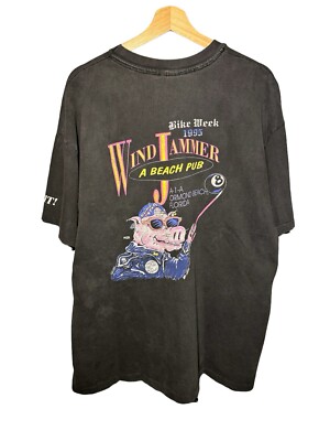 Vintage 1995 Blind Pig Biker T-Shirt Black Sz XXL Wind Jammer Dbl Sided -image