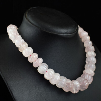 657 Cts Natural Pink Rose Quartz Flower Carved Beads Womens Necklace JK 12E369-image