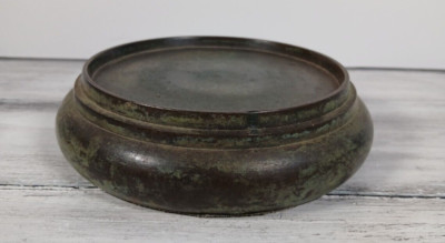Pier 1 Imports Round Verdigris Green Brass Pillar Candle Holder Plant Display OS-image