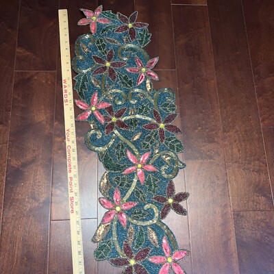 Christmas Table Runner Centerpiece 90s Floral Vintage Pier 1 Beaded 13”x35”-image