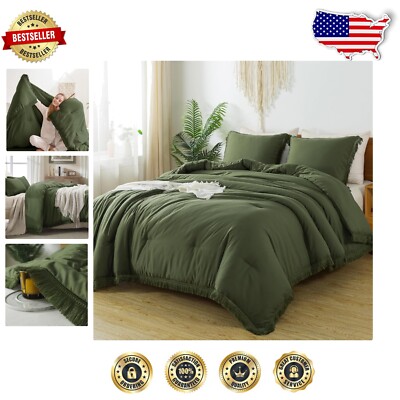 Soft Lightweight Boho Tassel Comforter Set in Olive Green - Twin Size Delight-image