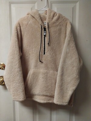 Pink VS Creme Fleece Sherpa Teddy 1/2 Zip Pullover Hoodie Woman's Large-image