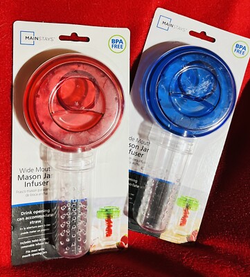 2 PKGS MAINSTAYS WIDE MOUTH MASON JAR INFUSERS 1 Red 1 Blue NEW-image