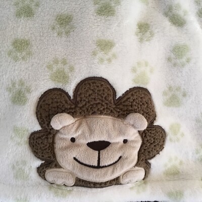 Carters Lion Plush Cozy Soft Baby Blanket w/ Green Pawprints Unisex Blankie-image