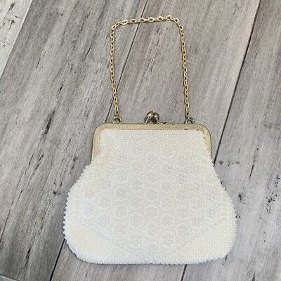 Vtg ADG Imports Beaded White Kiss Lock Evening Bag Gold Handle W/ Coin Purse-image