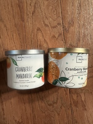 MAINSTAYS NEW SCENTED CANDLE; CRANBERRY MANDARIN;14-OZ;3-WICK; METAL DUST COVER-image