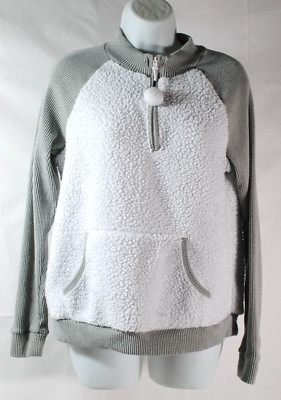 CUDDI DUDS Sweater Women Size Small White Tan Faux Fur Pullover 1/4 Zip Ladies-image