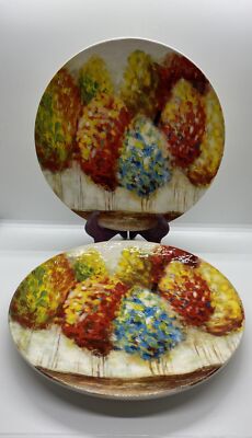 2 PIER 1 IMPORTS LIVELY TREES Coupe Salad Plates 8.75” Impressionist Autumn Fall-image