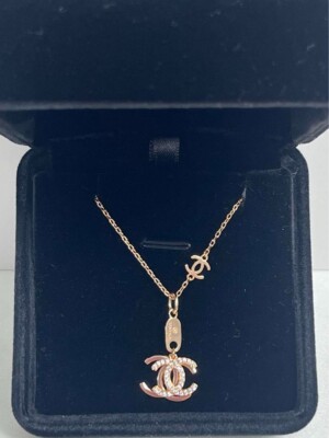 CHANEL logo design pink gold Swarovski necklace Parallel import goods Women's-image