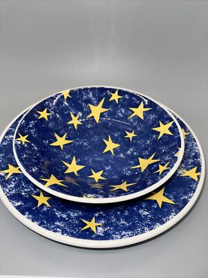 CHURCHILL ENGLAND PIER 1 IMPORTS BLUE GOLD STAR PLATE AND BOWL SET-image