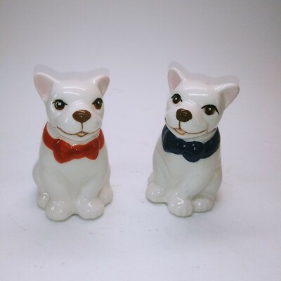 French Bulldog Ceramic Salt and Pepper Shakers w/ Red & Blue Bow Ties-image