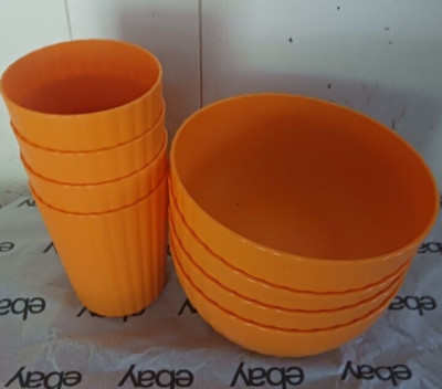 8  pcs Mainstays Plastic ribbed Dinner  Bowls &Tumblers 18 oz orange-image