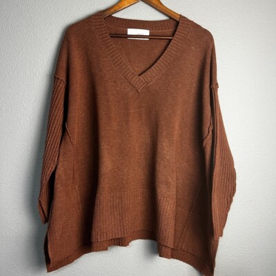 SIX/FIFTY Kenzie V-Neck Sweater Ribbed Knit Oversized Pullover Brown Casual XS-image