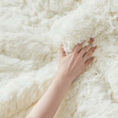 ULTRA SOFT COZY PLUSH CHIC FAUX FUR FLUFFY FUZZY WARM IVORY WHITE COMFORTER SET-image