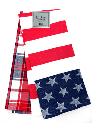 DII~ Patriotic Kitchen Towels 18 x 28 inches ~ Plaid/Flag Dishtowels ~ Set of 2-image