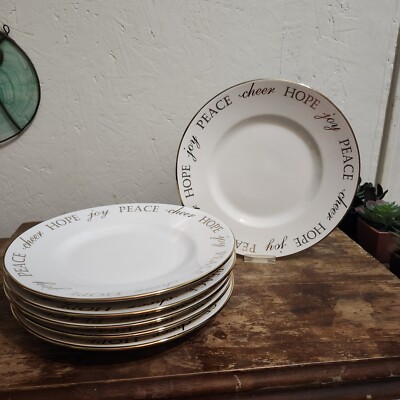 6 Pcs Pier 1 Holiday Christmas Peace Joy Porcelain Gold Salad Luncheon Plates-image