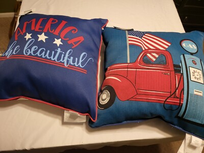 NEW 18 X 18 INCH INDOOR~OUTDOOR PATRIOTIC ACCENT PILLOW RED TRUCK~AMERICAN FLAG -image