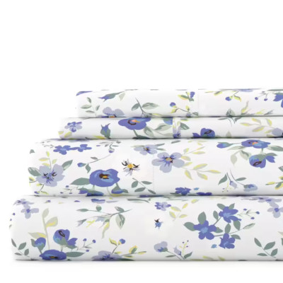 Home Collection 4-Piece Light Blue Floral Microfiber Full Sheet Set-image