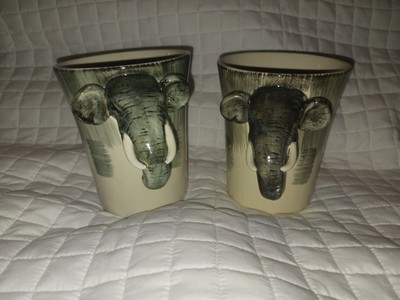 Pair Pier 1 Imports 3D Elephant Mugs with Trunk for Handle Handpainted Stoneware-image