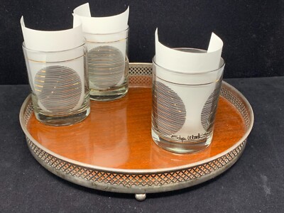 Gorgeous set of 3 MGM Edgar Watkins Black and Gold Globes Doubles Glasses-image