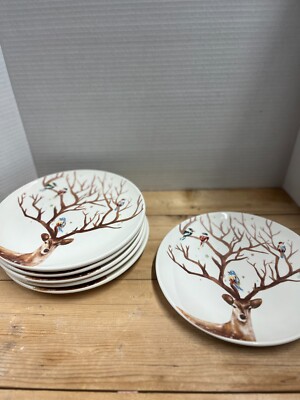 Pier One 1 Lunch Salad Plates 6 Pc Birds Deer Antlers Alexander Ironstone Antler-image