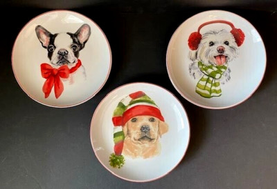 Pier 1 Imports Christmas Puppies Dog Plates Salad Appetizer Dessert Set Of 3 EUC-image