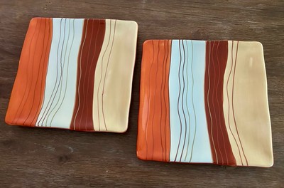 Set Of 2 PIER 1 Canyon Stripe Square Salad Plates 8.5” Diameter Western Retro-image