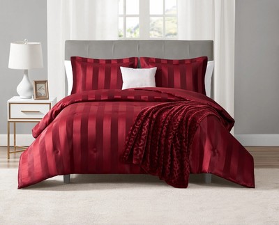 New 5-Piece Red Damask Stripe Comforter Set, Full/Queen Bedding Bedspread-image