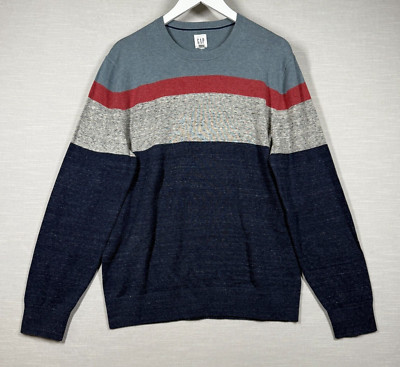 GAP Sweater Men Large Blue Red Gray Mainstay Crewneck Colorblock-image