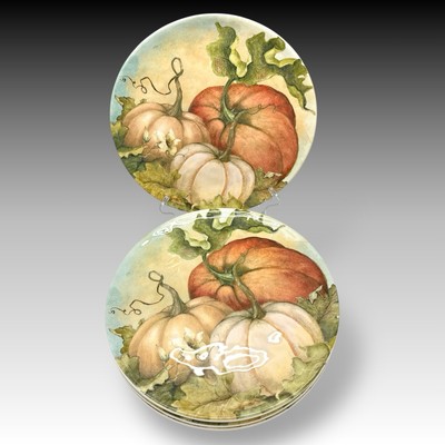 Set/4 PIER 1 GRATEFUL HARVEST Pumpkin Dinner Plates AUTUMN Art 11.25” FALL Decor-image