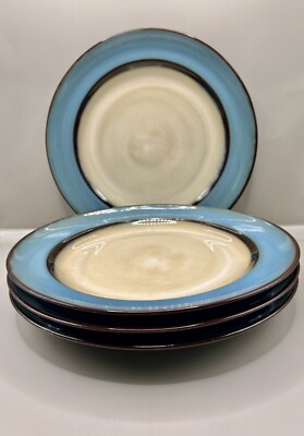 Set of 4 Pier 1 Imports Teal Reactive (Teal Peacock) 11” Stoneware Dinner Plates-image
