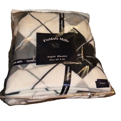 Fiedale Mills Blanket Argyle Twin 60 X 90”  White Blue Gray Fleece Warm Cozy-image