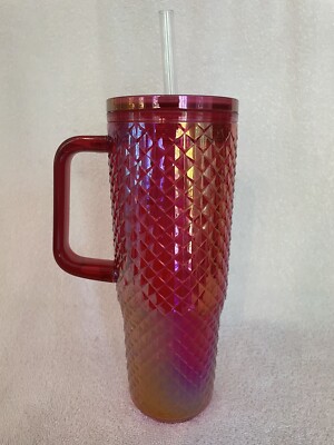 Mainstays 30oz Iridescent Red, Insulated Textured Tumbler with Straw and Handle-image