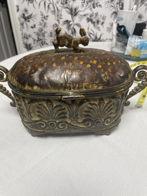 Vintage Pier One Imports Hammered Metal  Rabbit lid Hinged Box Chest 14