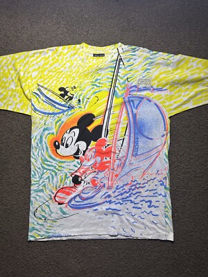 Vintage 90s Disney Mickey Mouse Wind Surfing All Over Print T Shirt Rare NWT-image