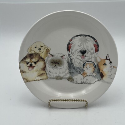 Pier 1  HTF Vintage Ironstone Salad Plate Dogs & Cats  Headphone Sheepdog 9”-image