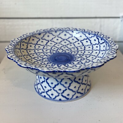 PIER 1 IMPORTS BLUE & WHITE CERAMIC PEDESTAL BOWL - DECORATED THAI STYLE DESIGN-image