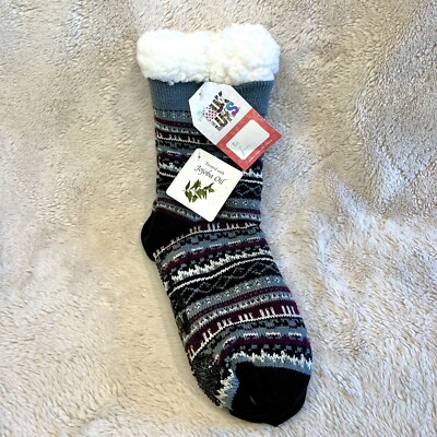 NWT Muk Luks Black Fairisle Tall Sherpa Cabin Socks-image