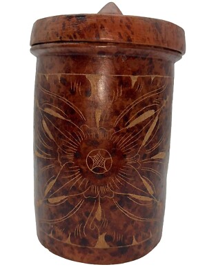Pier I Hand Made Indonesian Sasak Pottery Etched Terracotta Canister w/ Lid  10”-image