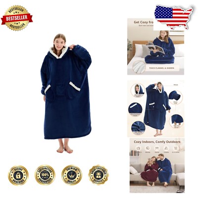 Oversized Sherpa Fleece Wearable Blanket Hoodie for Ultimate Comfort - Navy Blue-image
