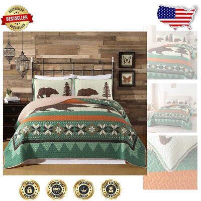 Twin Size Wilderness Lodge Quilt Set - Bear Motif and 1 Sham, Cozy Comfort-image
