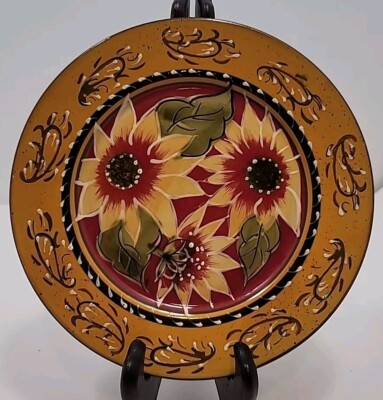 1 Pier 1 Imports Sunflower Hand Painted Terracotta Salad Dessert Plate 8 1/8